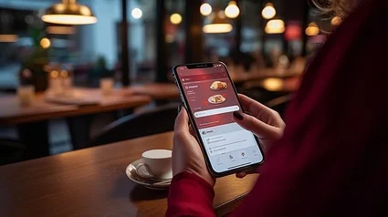 person holding smartphone at a cafe