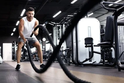 Man using heavy ropes at gym