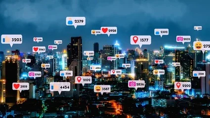 city overview with social media icons floating